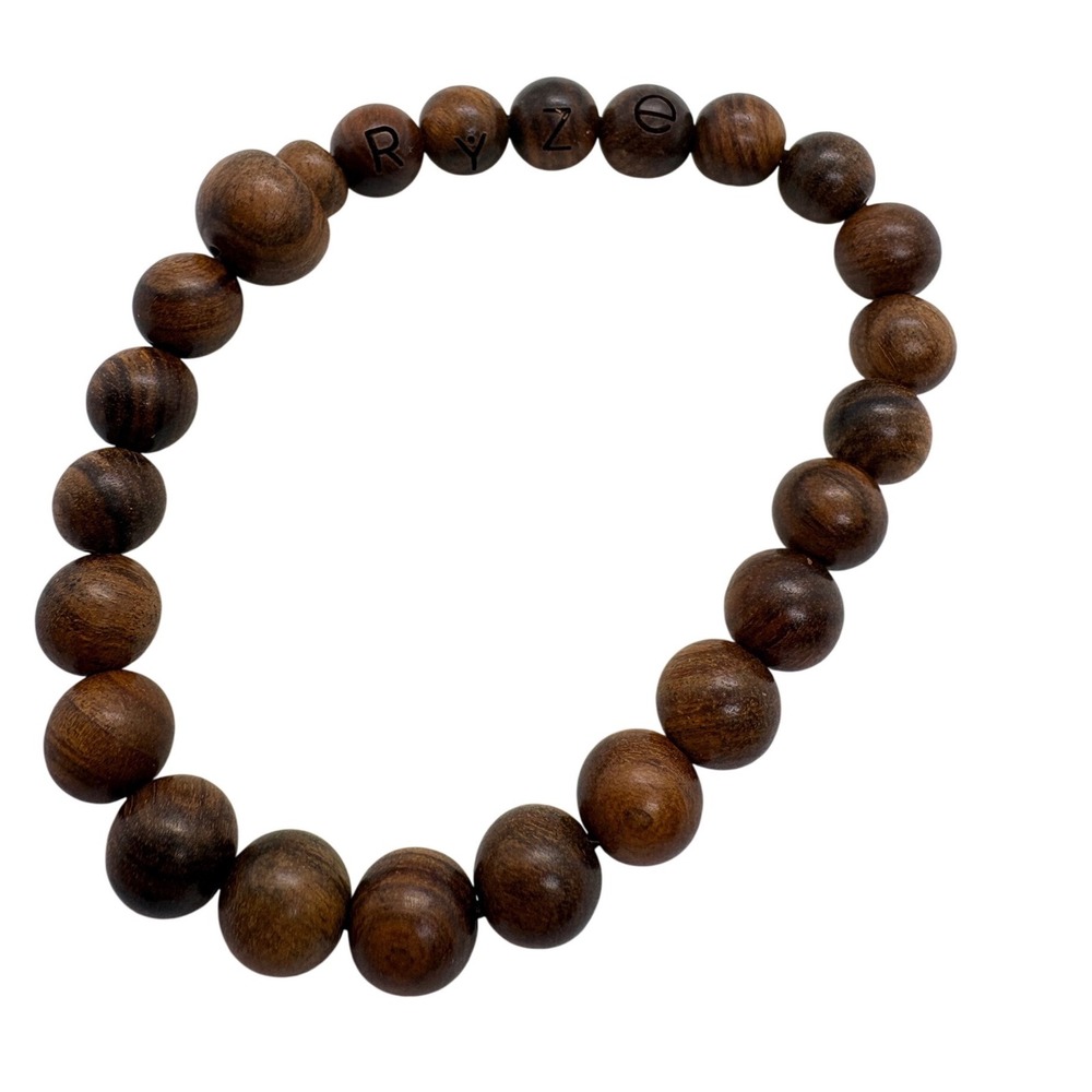 Ryze Wooden Bead Stretch Bracelet Brown Natural Wood Engraved Logo Unisex